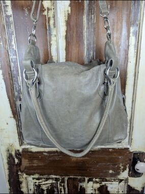 Taupe Grey Leather Convertible Slouchy Satchel Shoulder Bag Large